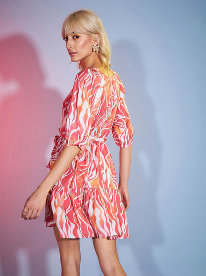 Coral Abstract Water Paint Tiered Mini Dress