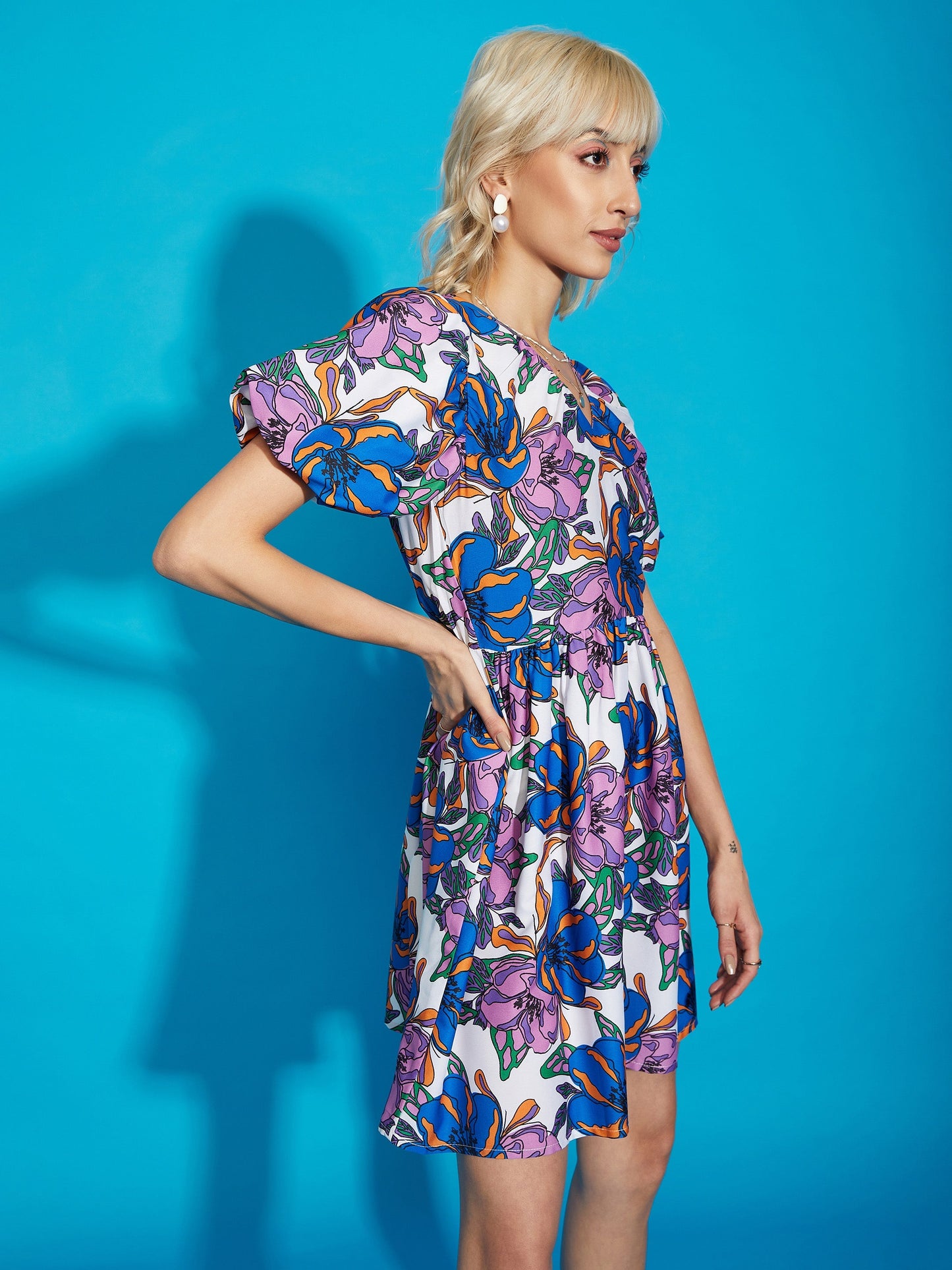 Purple Big Floral V-Neck Balloon Sleeves Mini Dress