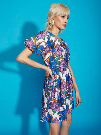 Purple Big Floral V-Neck Balloon Sleeves Mini Dress
