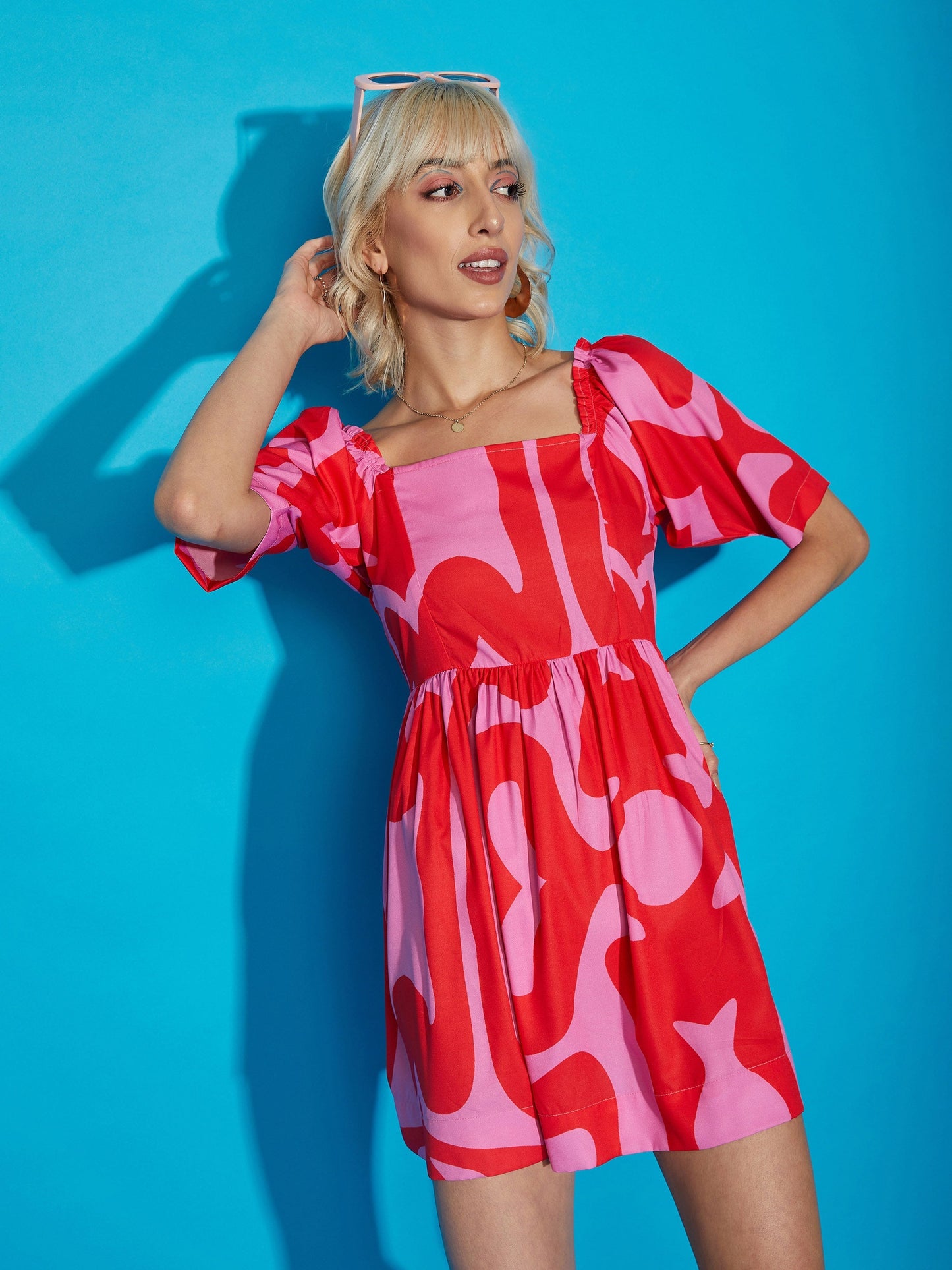 Pink Abstract Print Puff Sleeves Mini Dress
