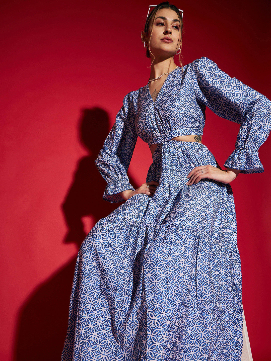 Women's Women Blue Mughal Print Waist Cut-Out Maxi Dress in Crepe by Sassafras for wholesale, bulk, supplier, manufacturer and wholesaler buyers from Trendphoria