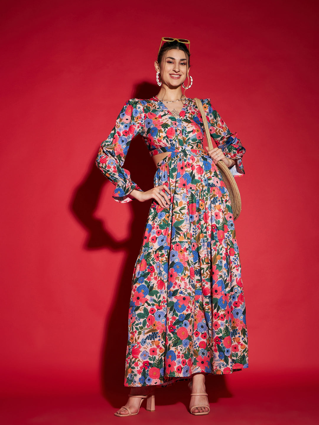Women's Women Multi Floral Waist Cut-Out Maxi Dress in Crepe by Sassafras for wholesale, bulk, supplier, manufacturer and wholesaler buyers from Trendphoria