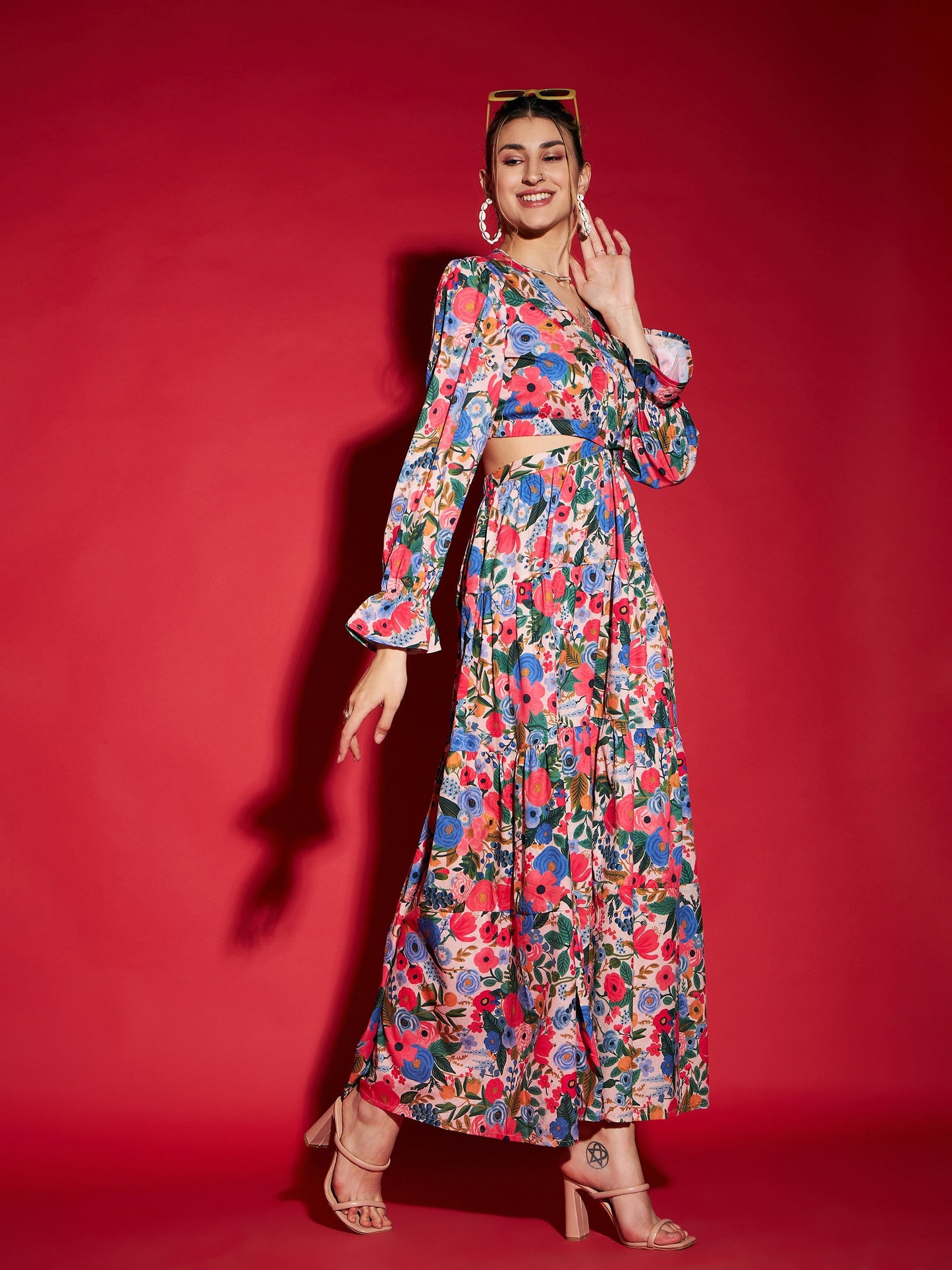Women Multi Floral Waist Cut-Out Maxi Dress