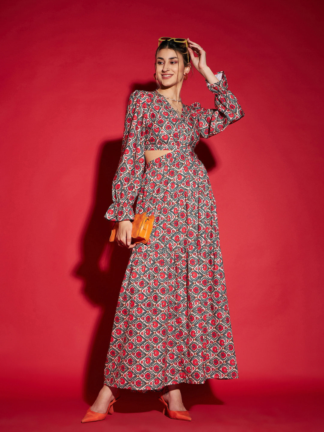 Women's Women Red Ethnic Motif Waist Cut-Out Maxi Dress in Crepe by Sassafras for wholesale, bulk, supplier, manufacturer and wholesaler buyers from Trendphoria