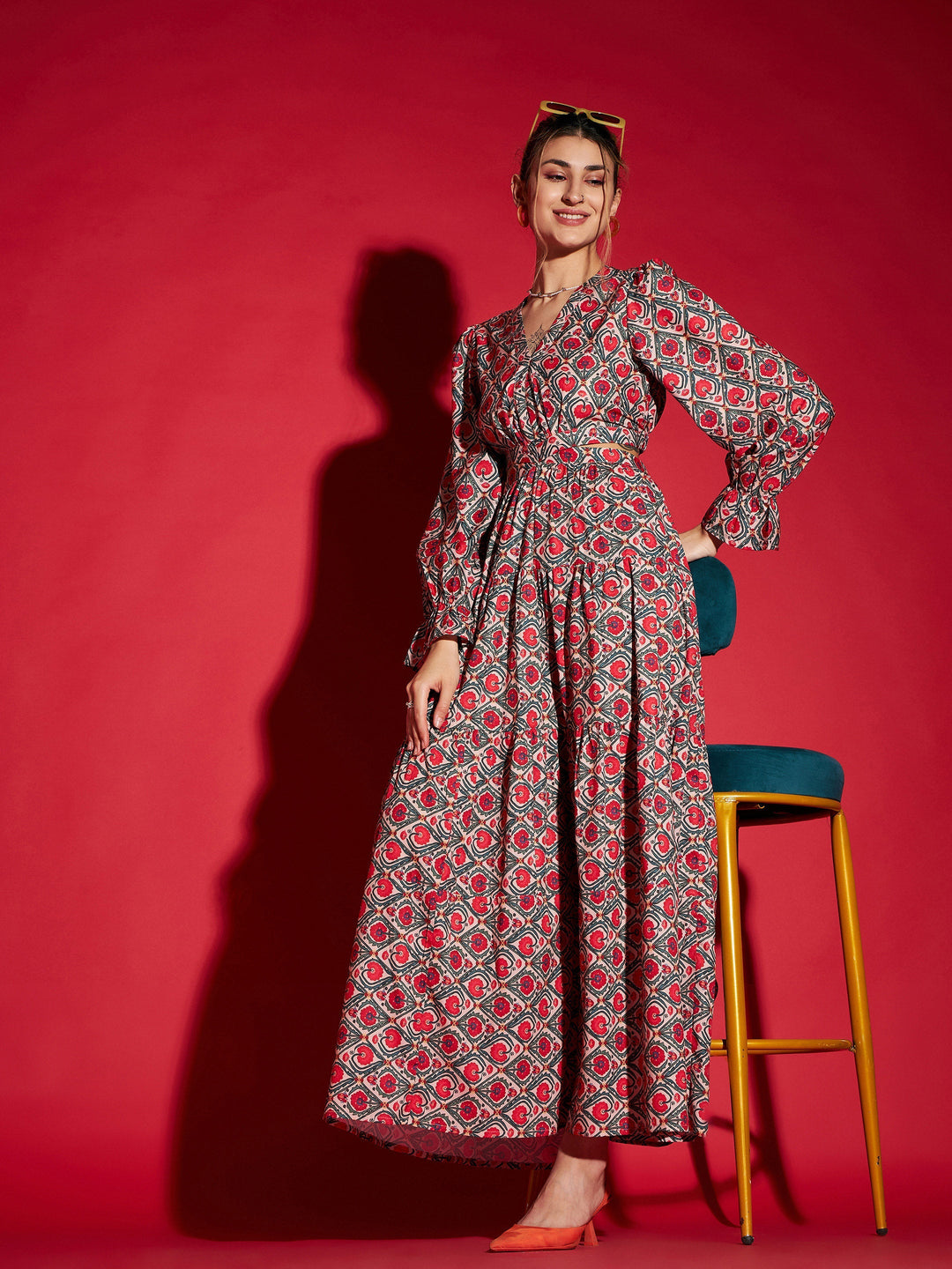 Women Red Ethnic Motif Waist Cut-Out Maxi Dress