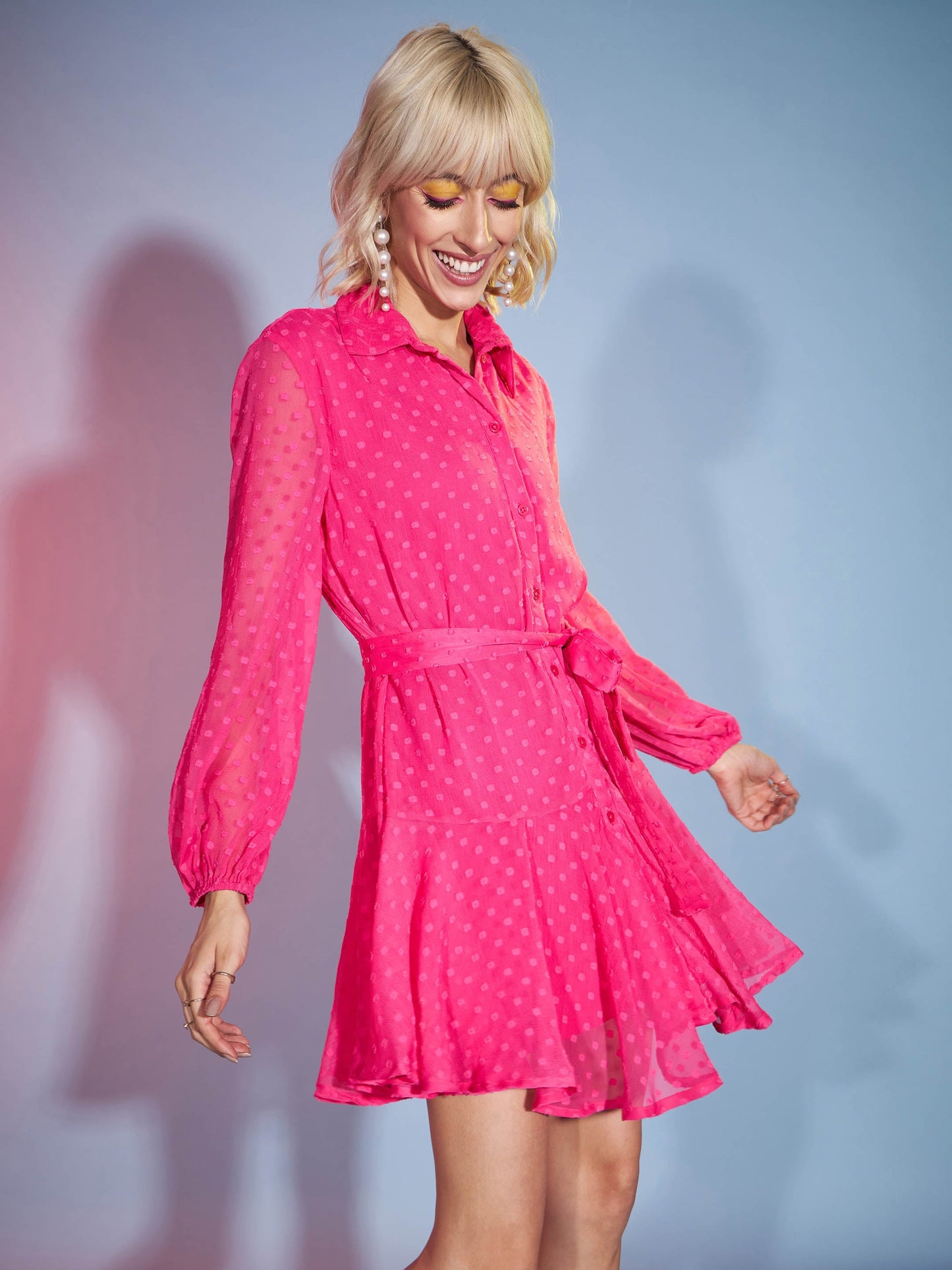 Pink Dobby Flared Skater Dress
