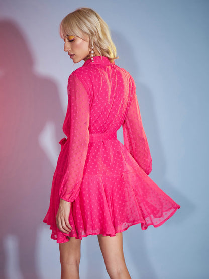 Pink Dobby Flared Skater Dress