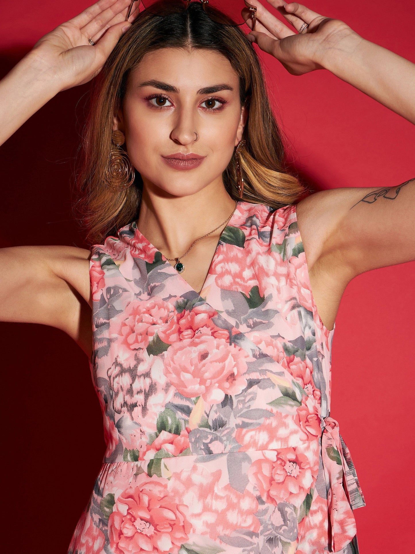 Pink Floral Layered Hem Skater Dress
