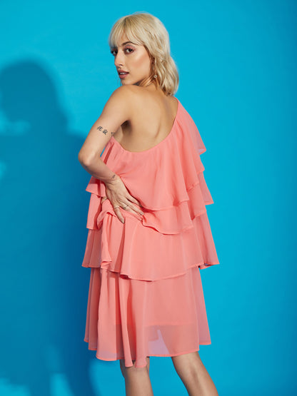 Women Pink One Shoulder Layered Short Dress