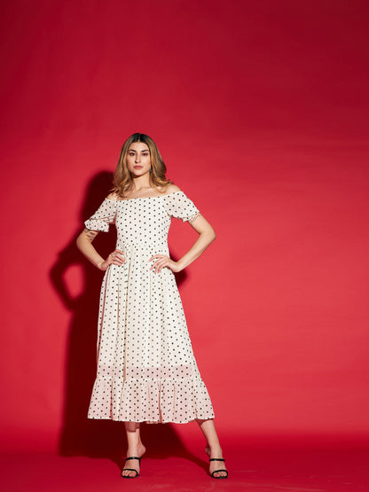 White Polka Dot Printed Frill Hem Maxi Dress