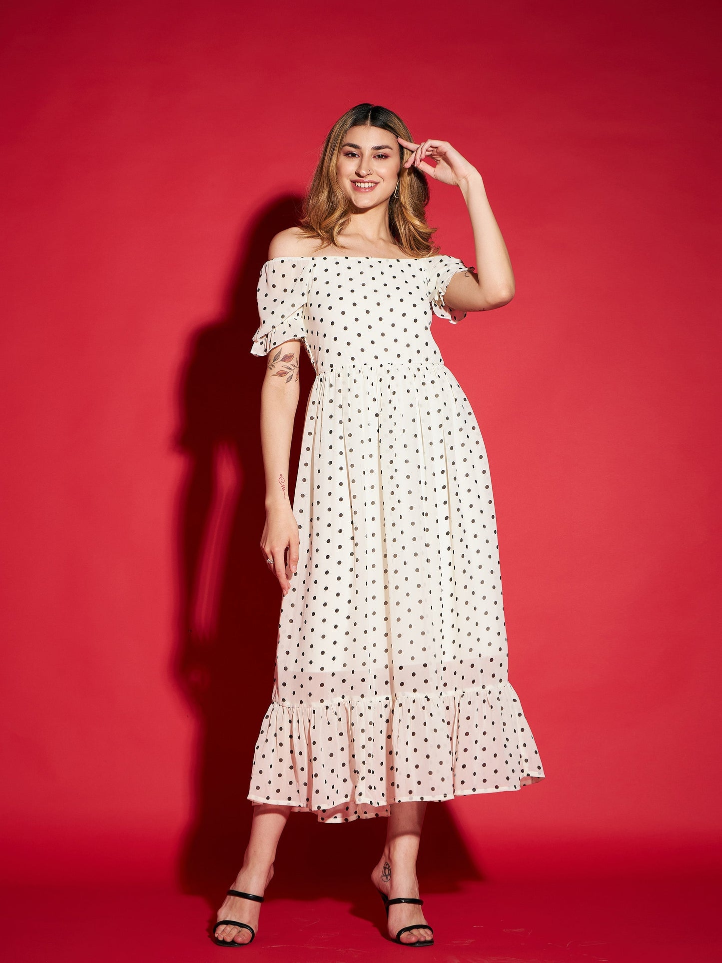 White Polka Dot Printed Frill Hem Maxi Dress