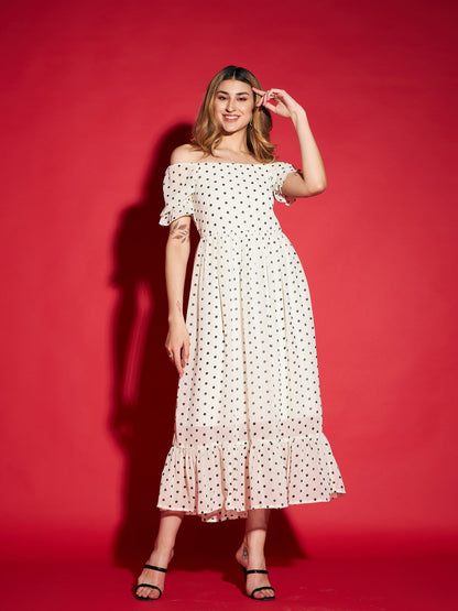 White Polka Dot Printed Frill Hem Maxi Dress