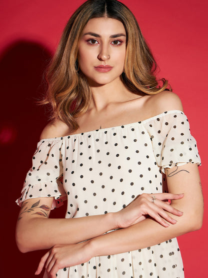 White Polka Dot Printed Frill Hem Maxi Dress