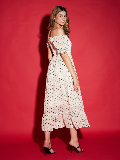 White Polka Dot Printed Frill Hem Maxi Dress