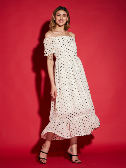 White Polka Dot Printed Frill Hem Maxi Dress