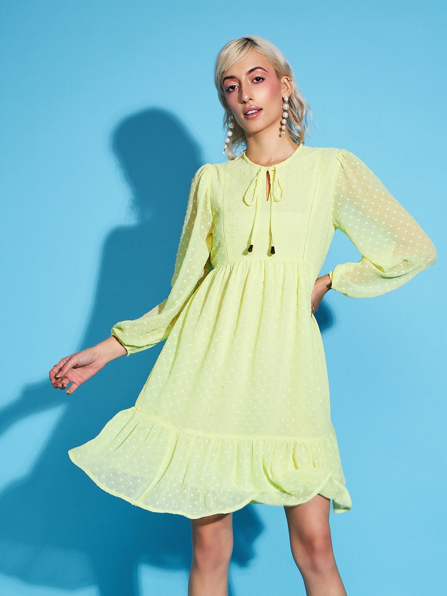 Yellow Dobby Frill Hem Short Dress