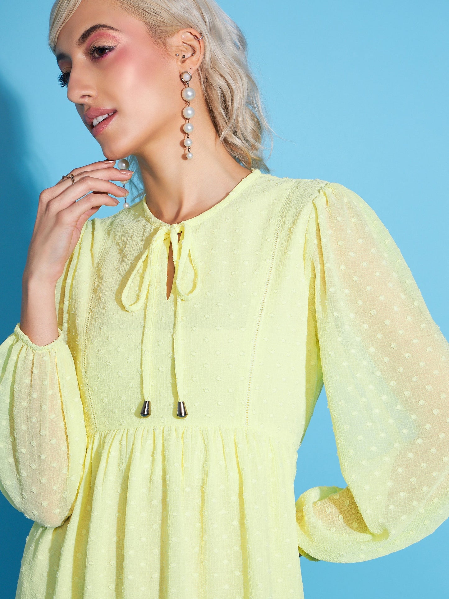Yellow Dobby Frill Hem Short Dress