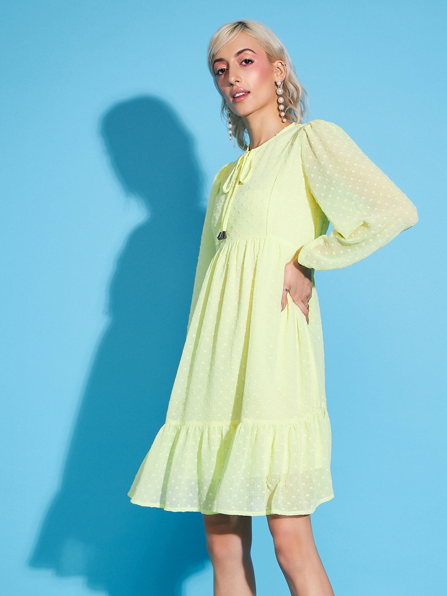 Yellow Dobby Frill Hem Short Dress