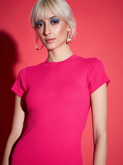 Women Magenta Rib Back Cut Bodycon Short Dress