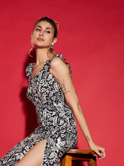 Black Floral Front Slit Maxi Dress