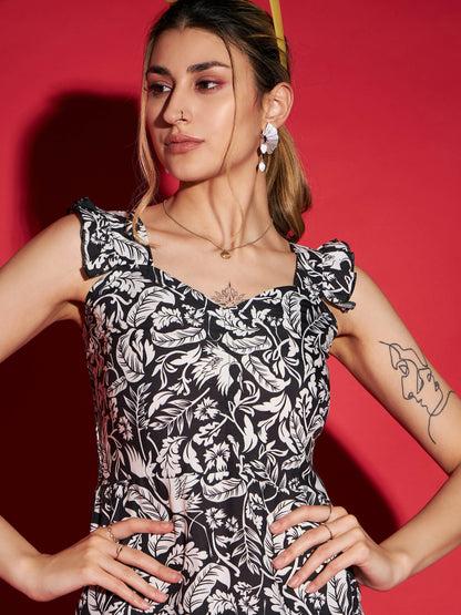 Black Floral Front Slit Maxi Dress
