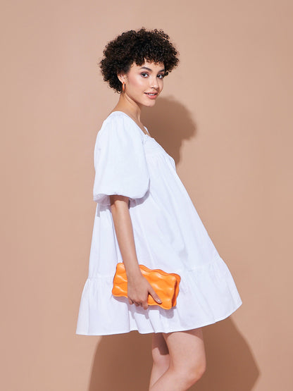 White Cotton Poplin Puff Sleeves Tiered Dress