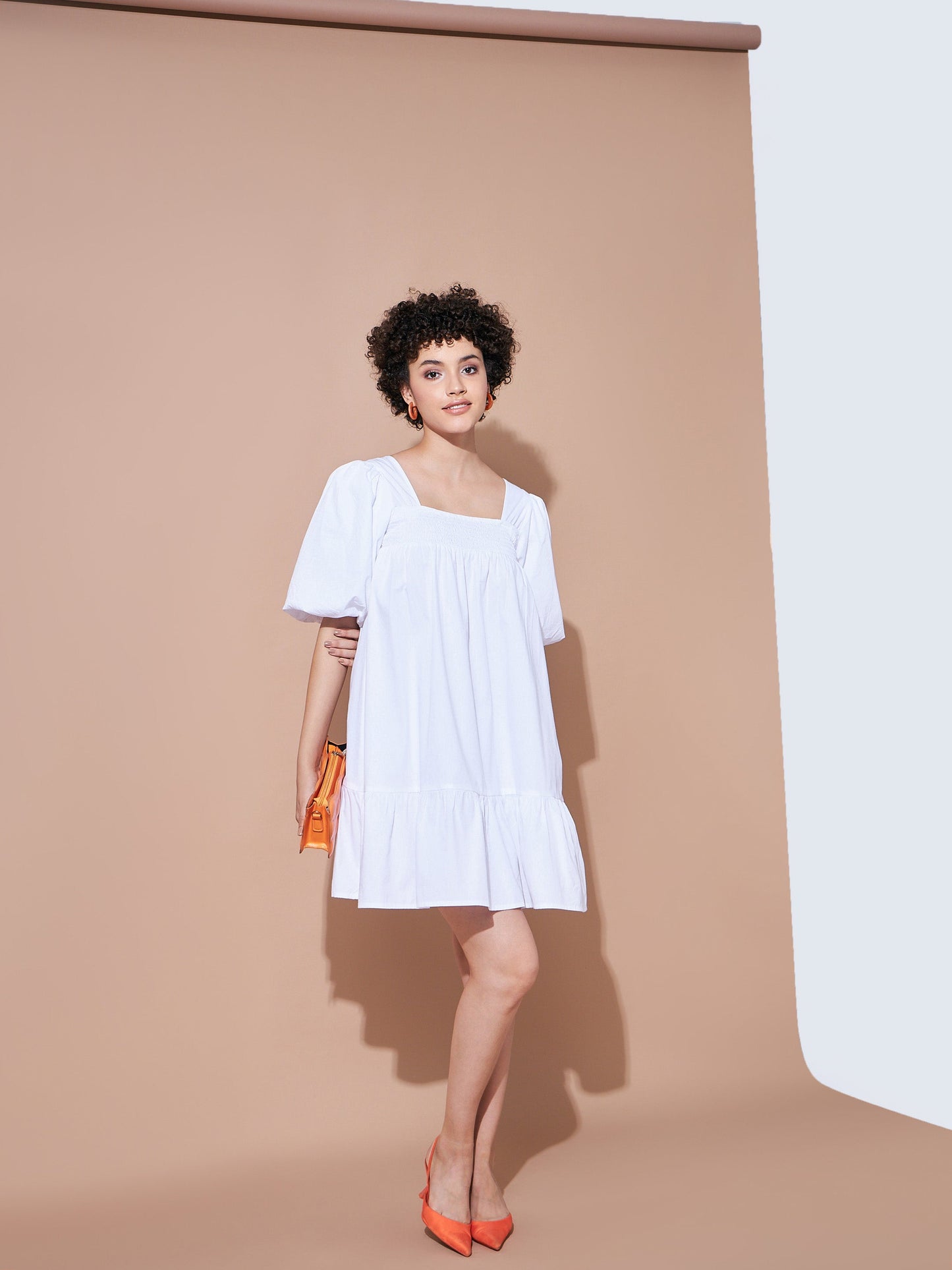 White Cotton Poplin Puff Sleeves Tiered Dress