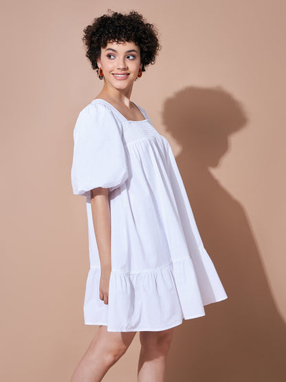 White Cotton Poplin Puff Sleeves Tiered Dress
