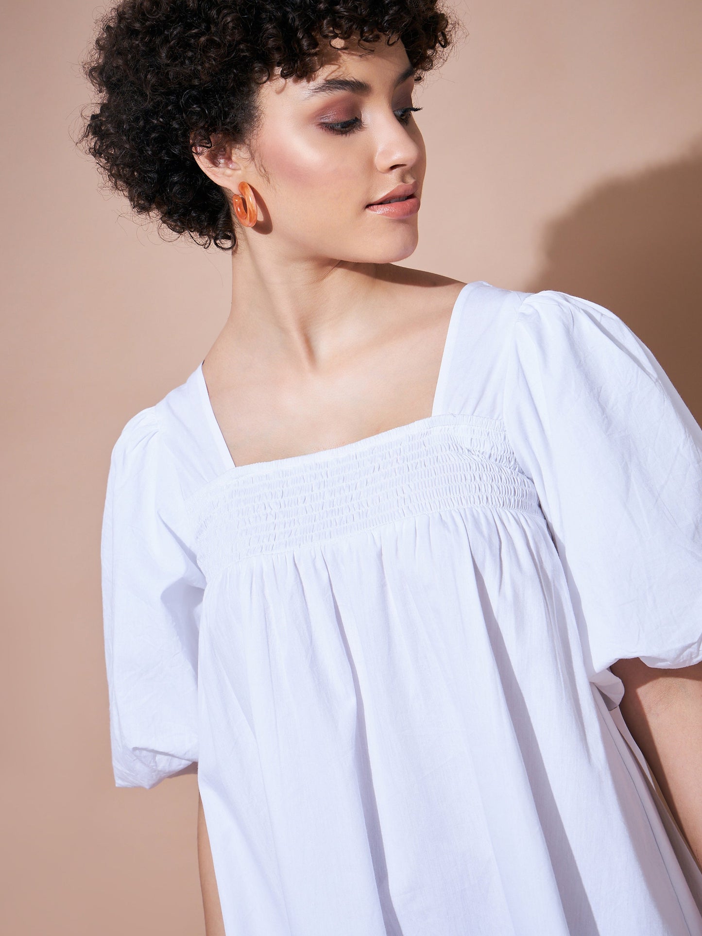 White Cotton Poplin Puff Sleeves Tiered Dress