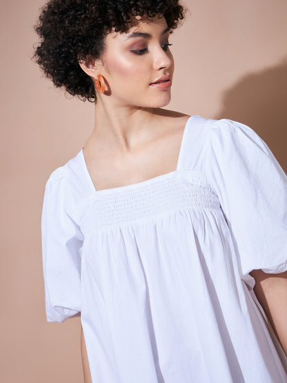 White Cotton Poplin Puff Sleeves Tiered Dress