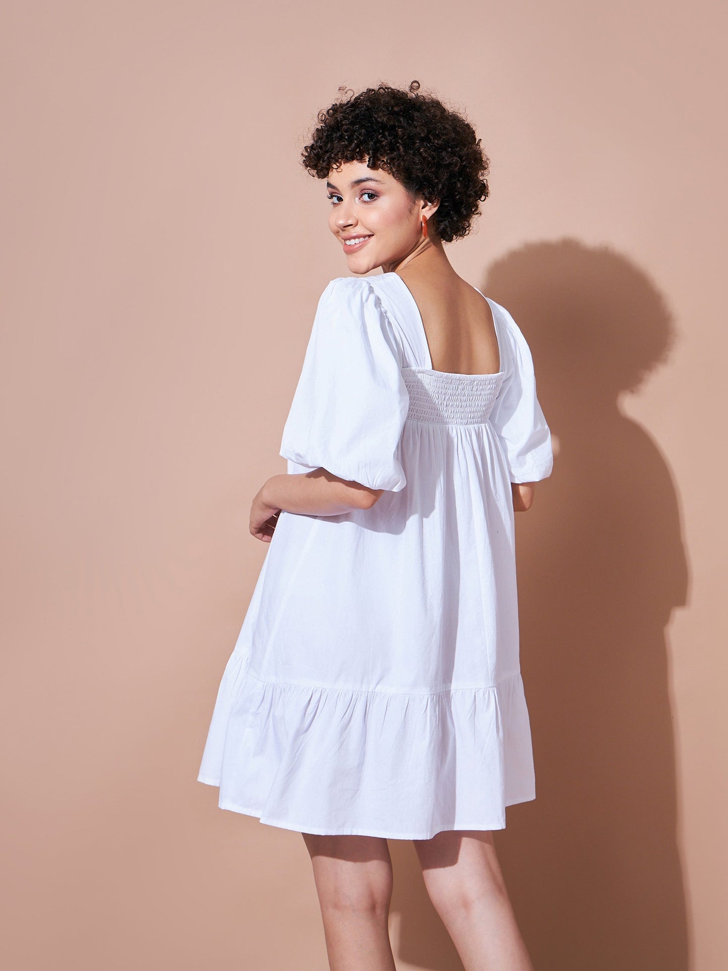 White Cotton Poplin Puff Sleeves Tiered Dress