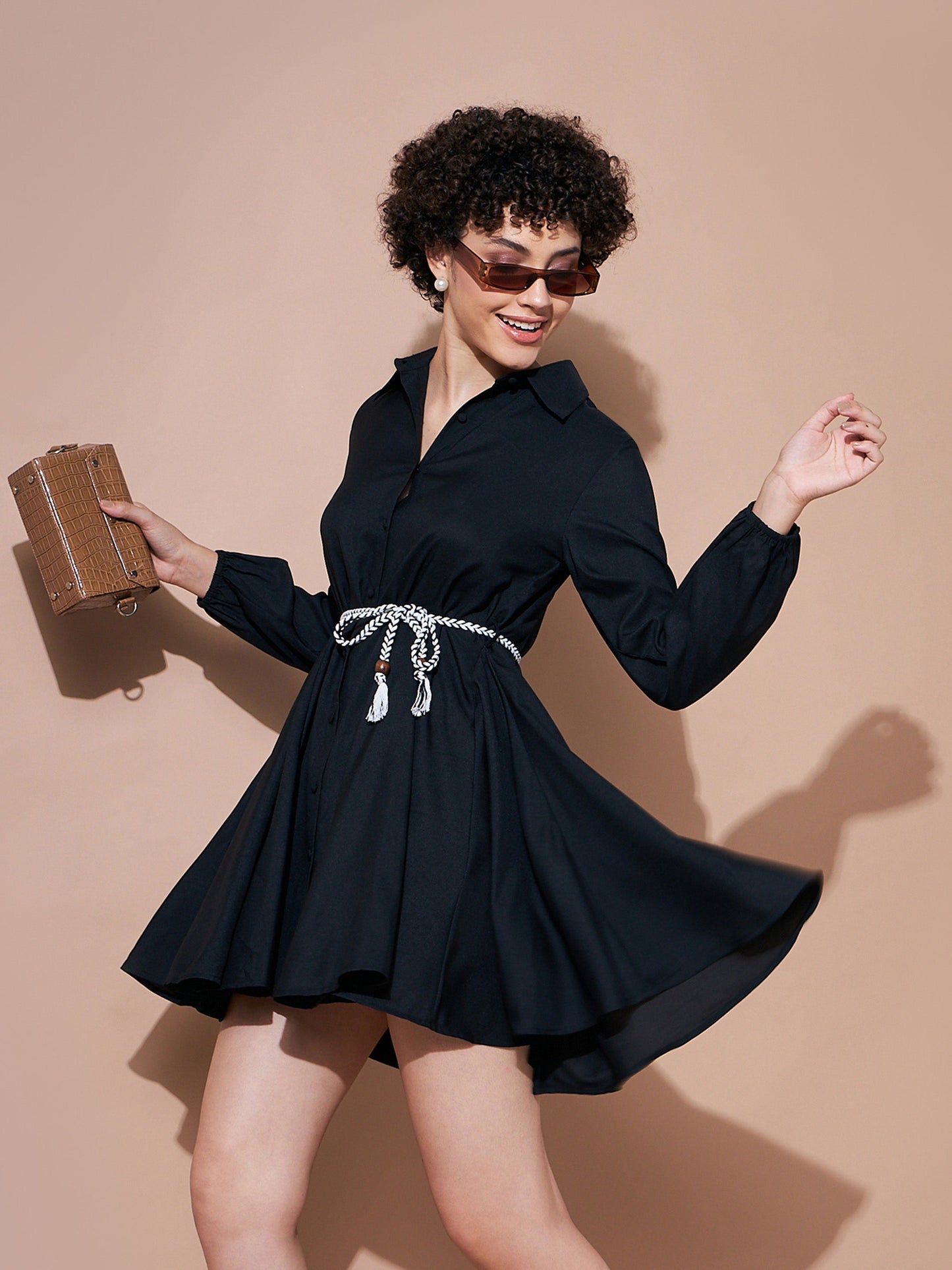 Black Belted Flared Skater Dress