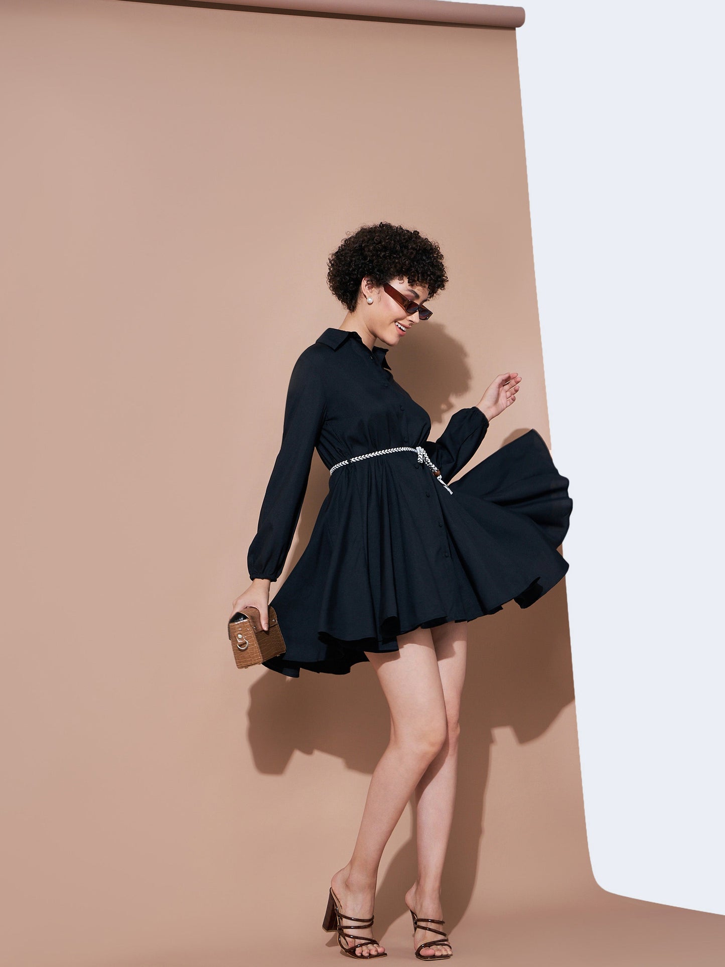 Black Belted Flared Skater Dress