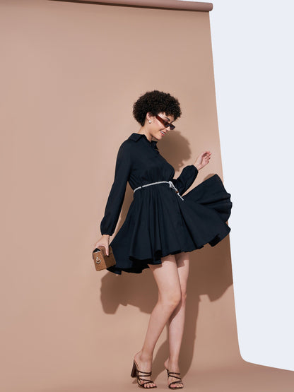 Black Belted Flared Skater Dress