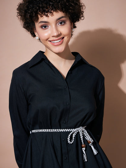Black Belted Flared Skater Dress