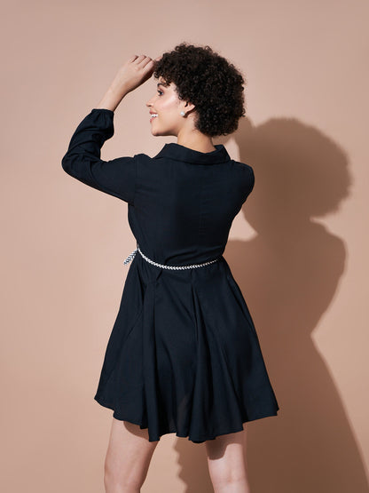 Black Belted Flared Skater Dress
