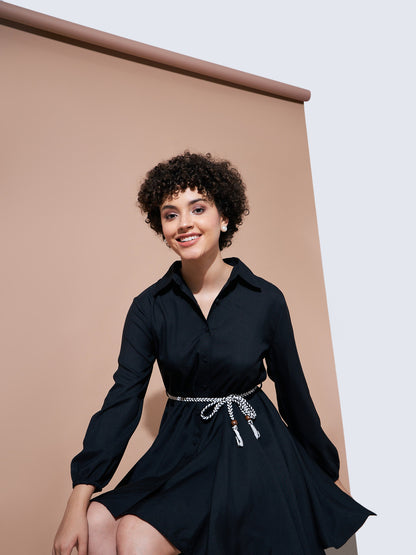 Black Belted Flared Skater Dress