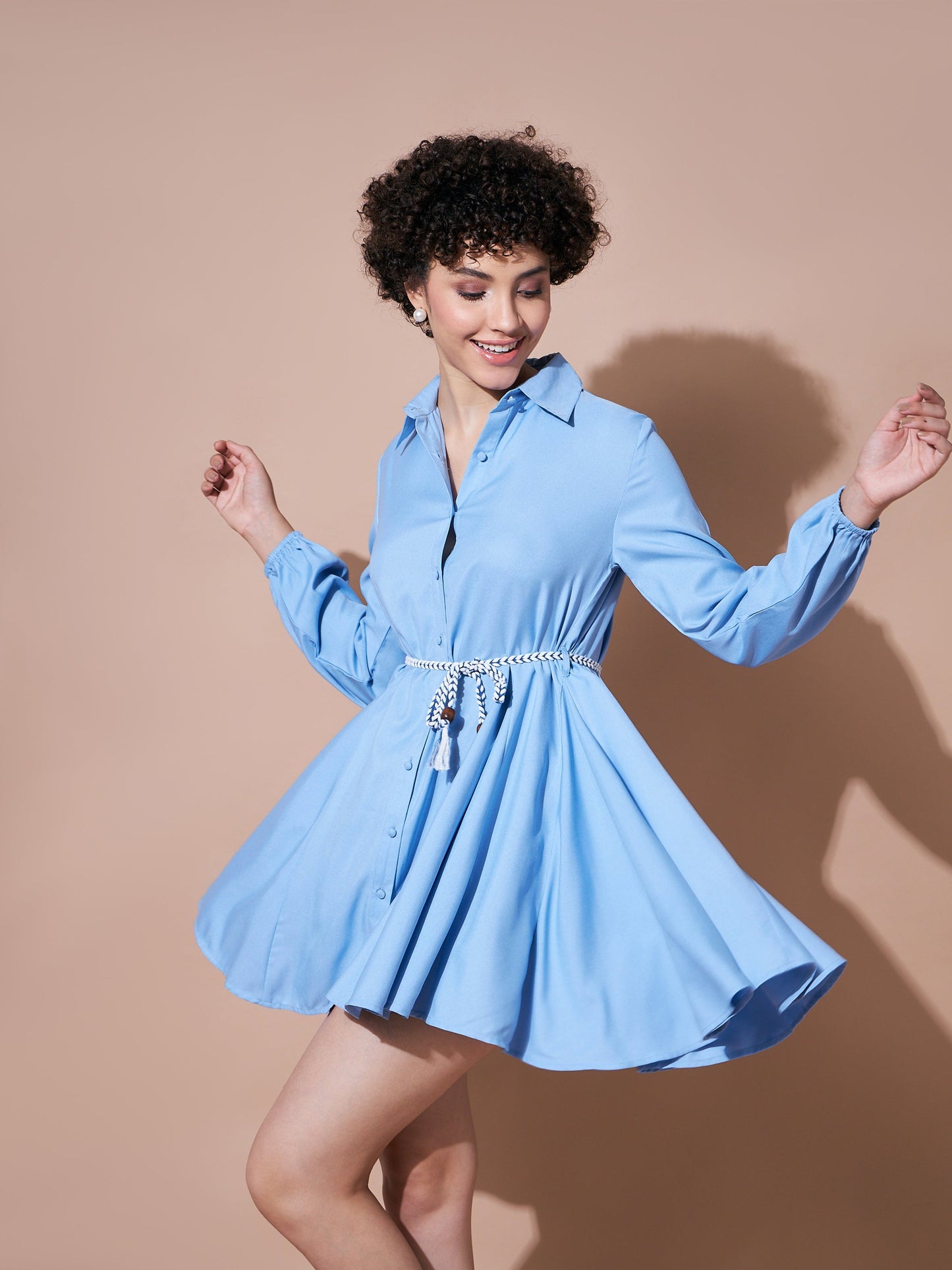 Blue Belted Flared Skater Dress