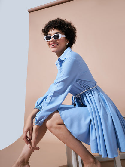 Blue Belted Flared Skater Dress