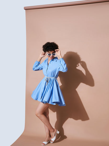 Blue Belted Flared Skater Dress
