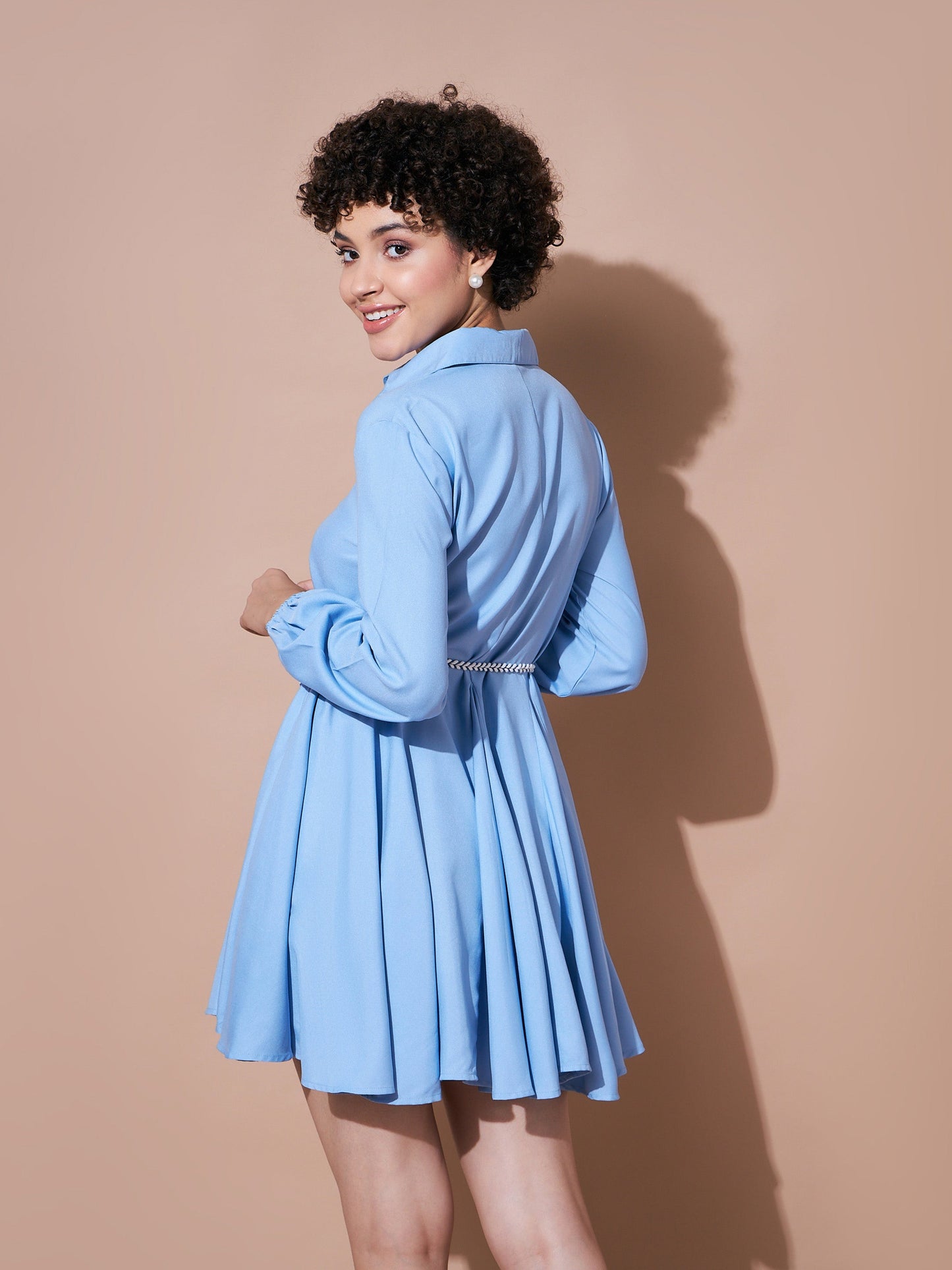 Blue Belted Flared Skater Dress