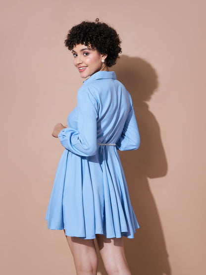 Blue Belted Flared Skater Dress