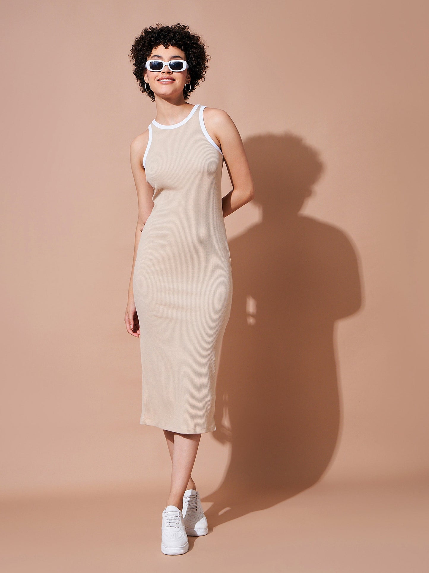 Women Beige Rib Sleeveless Bodycon Dress