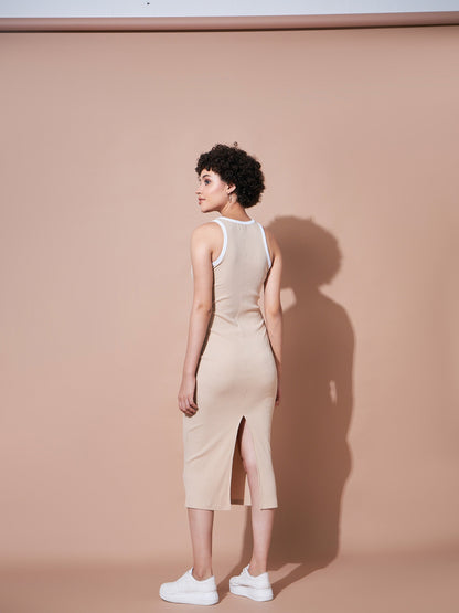 Women Beige Rib Sleeveless Bodycon Dress