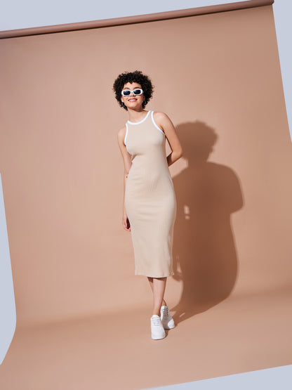 Women Beige Rib Sleeveless Bodycon Dress