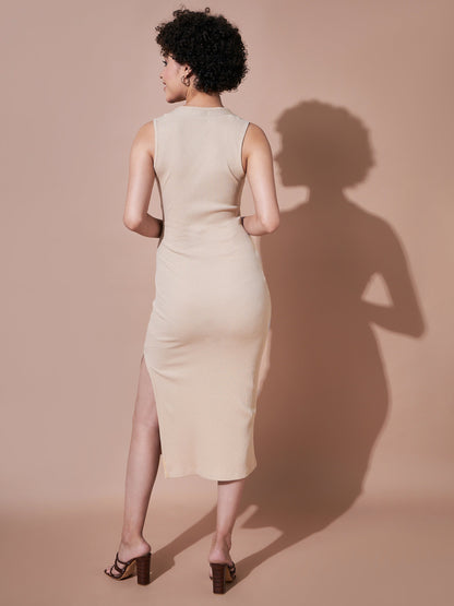 Women Beige Rib Side Slit Bodycon Dress