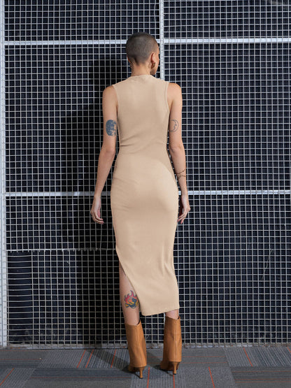 Women Beige Rib Side Slit Bodycon Dress