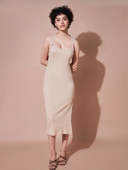 Women Beige Rib Side Slit Bodycon Dress
