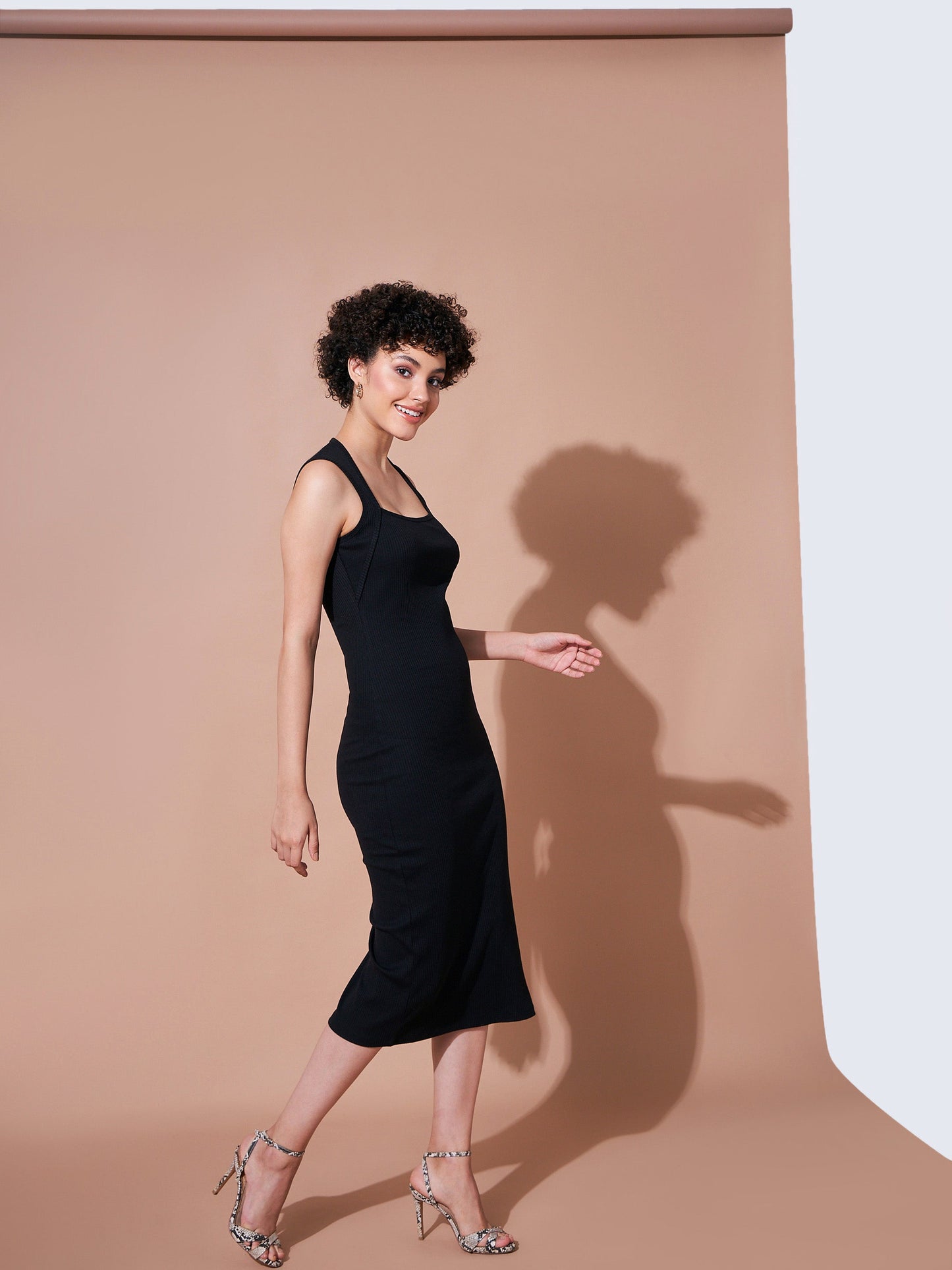 Women Black Rib Side Slit Bodycon Dress