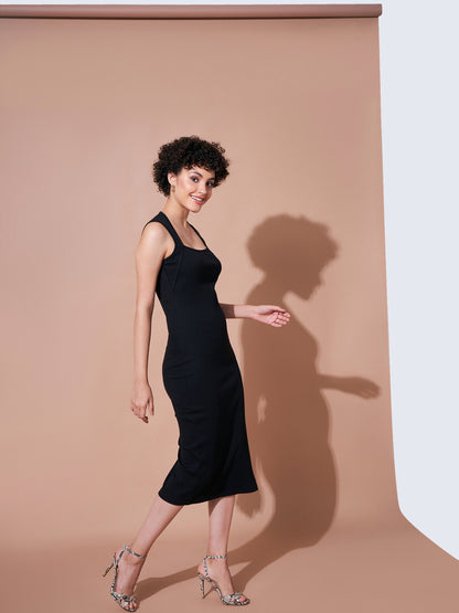 Women Black Rib Side Slit Bodycon Dress